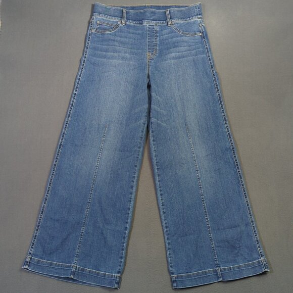 Spanx Jeans Women's 1X Blue Seamed Front Wide Leg Pull On Denim Vintage Indigo - Picture 1 of 11